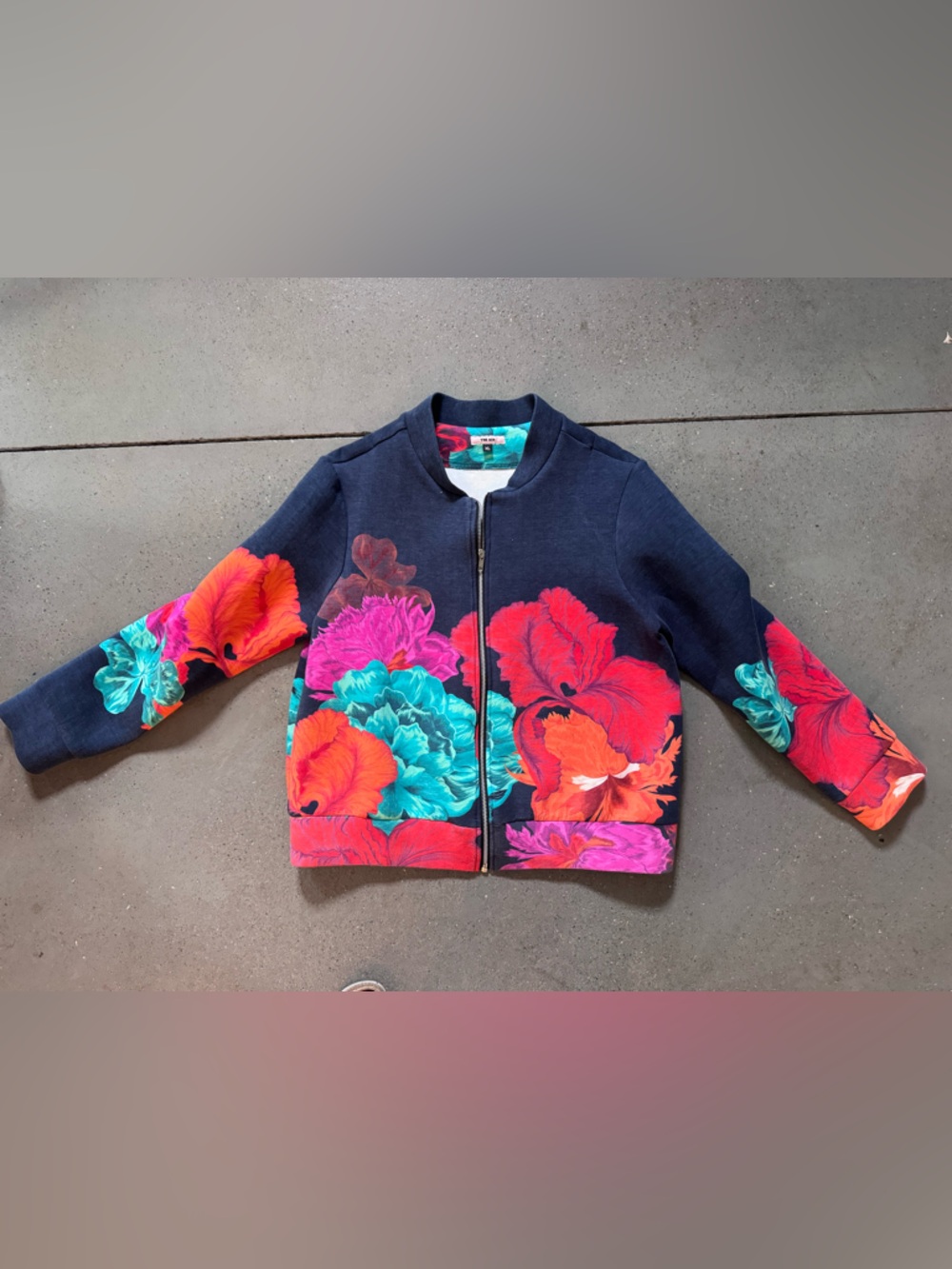 The Kit Navy Floral Zip Bomber Jacket - Vibrant Teal & Coral Blooms